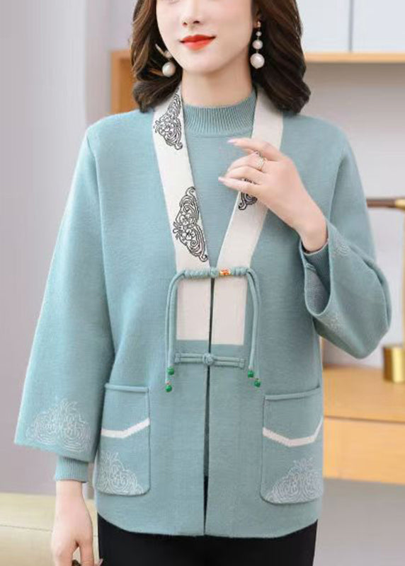 Elegant Light Blue V Neck Print Tassel Cotton Knit Cardigans And Sweaters Two Pieces Set Spring