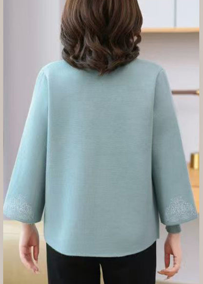 Elegant Light Blue V Neck Print Tassel Cotton Knit Cardigans And Sweaters Two Pieces Set Spring