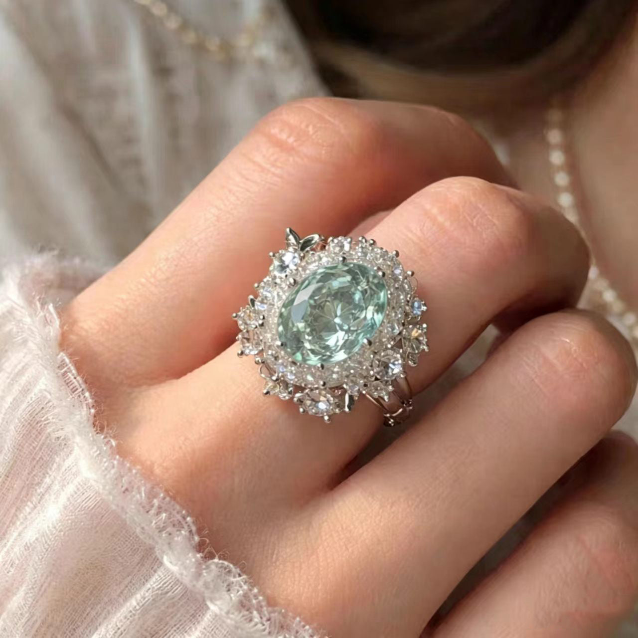 Elegant Light Green Alloy Zircon Open Rings