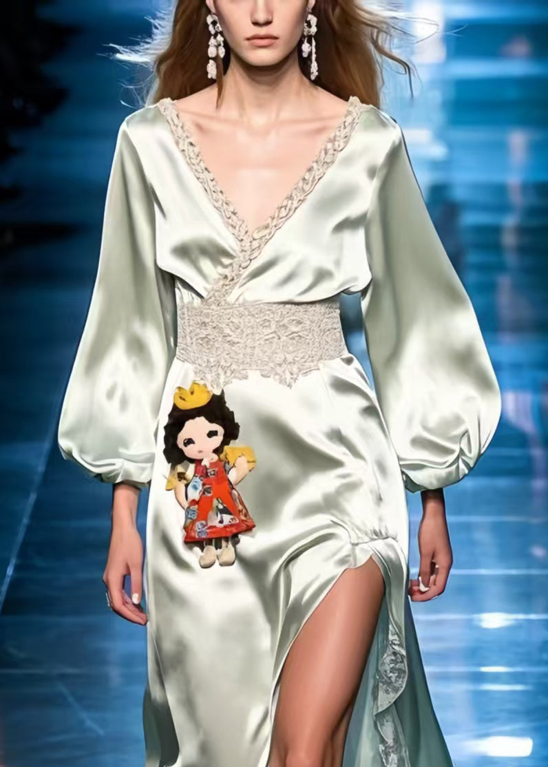 Elegant Light Green Patchwork Lace Side Open Silk Party Dress