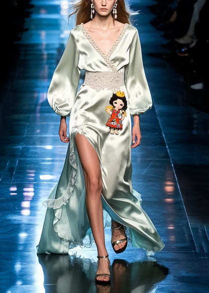 Elegant Light Green Patchwork Lace Side Open Silk Party Dress