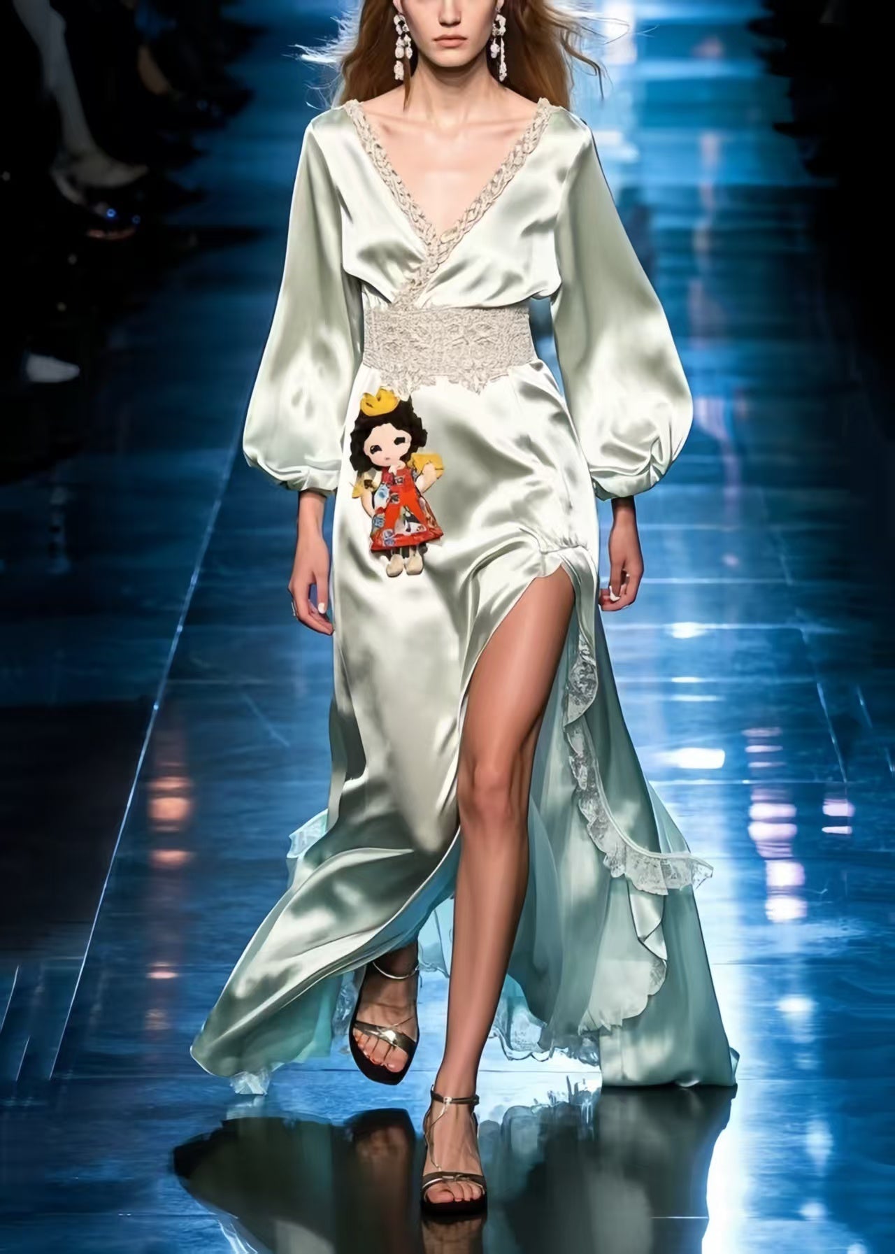 Elegant Light Green Patchwork Lace Side Open Silk Party Dress