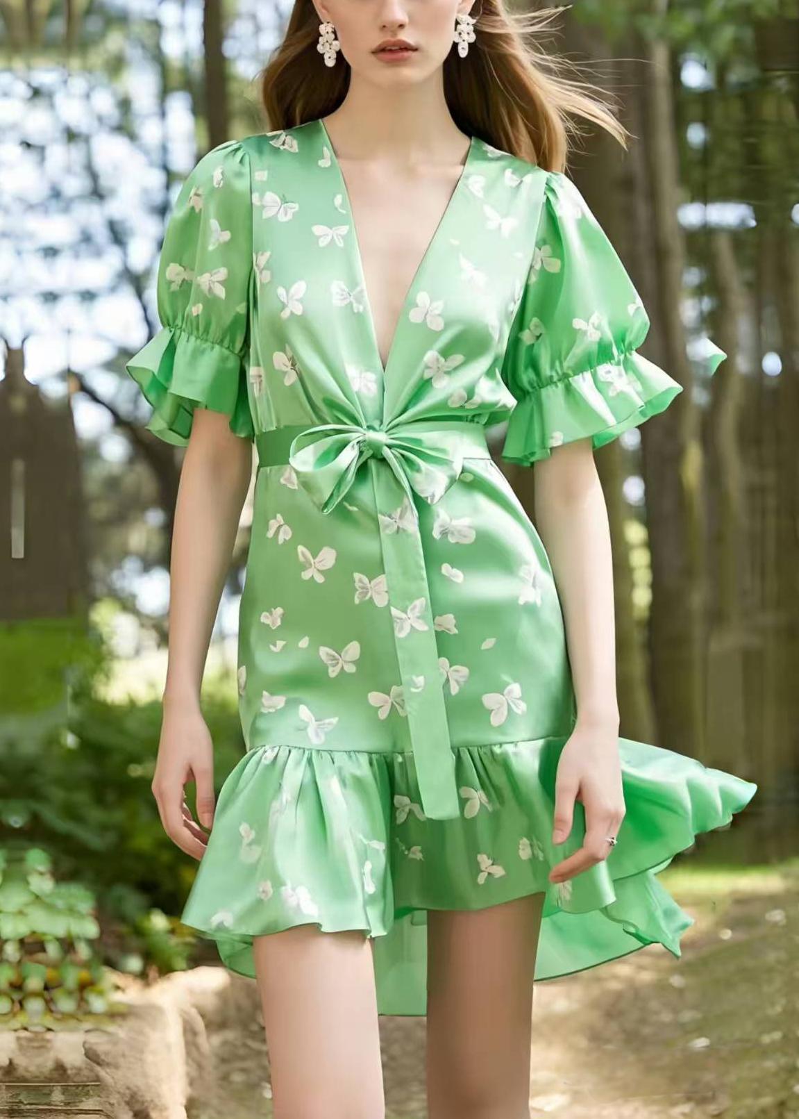 Elegant Light Green Puff Sleeve Butterfly Silk Day Dress