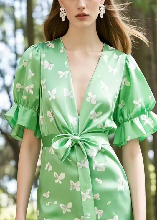 Elegant Light Green Puff Sleeve Butterfly Silk Day Dress