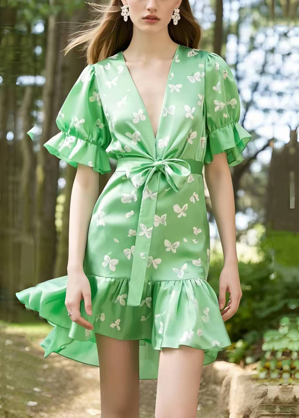 Elegant Light Green Puff Sleeve Butterfly Silk Day Dress