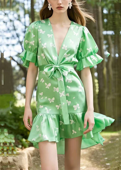Elegant Light Green Puff Sleeve Butterfly Silk Day Dress
