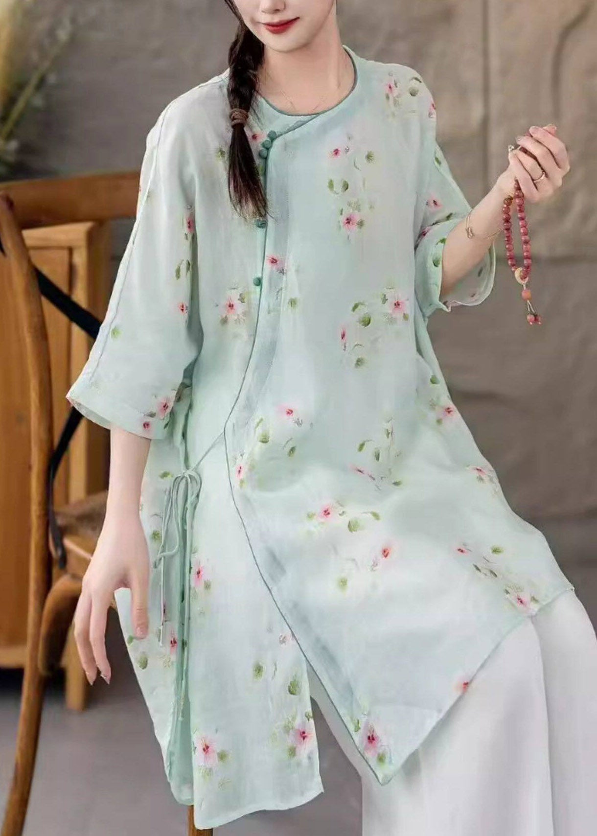 Elegant Light Green Side Open Linen Top Fall