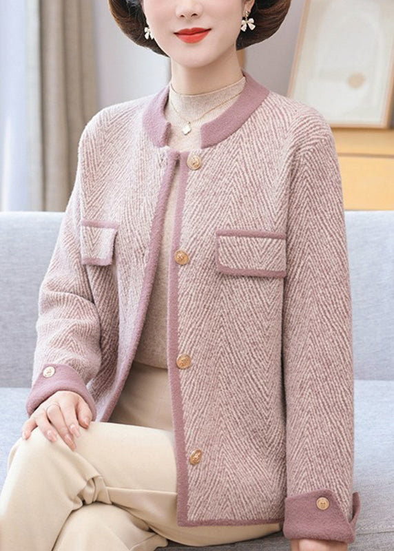 Elegant Light Purple Patchwork Mink Hair Knitted Coat Long sleeve