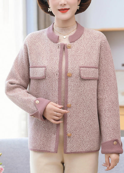 Elegant Light Purple Patchwork Mink Hair Knitted Coat Long sleeve