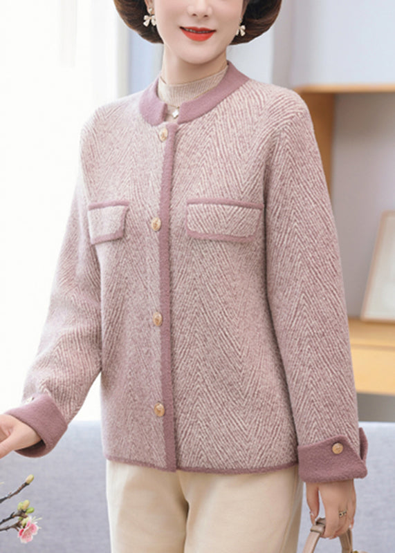 Elegant Light Purple Patchwork Mink Hair Knitted Coat Long sleeve