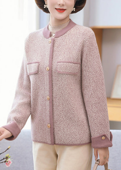 Elegant Light Purple Patchwork Mink Hair Knitted Coat Long sleeve