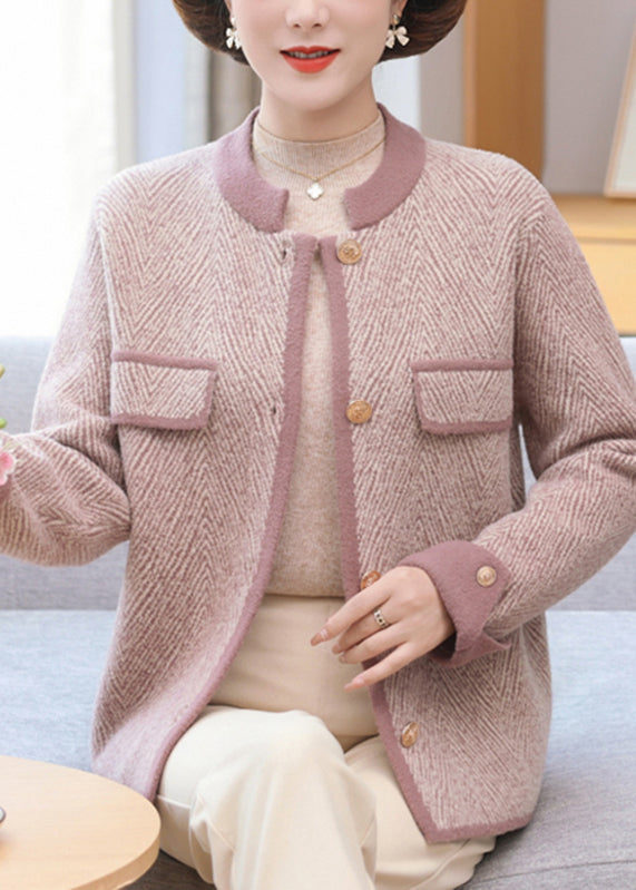 Elegant Light Purple Patchwork Mink Hair Knitted Coat Long sleeve