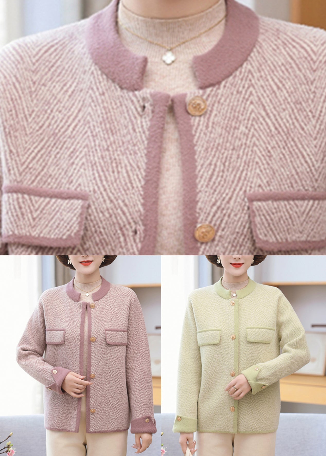 Elegant Light Purple Patchwork Mink Hair Knitted Coat Long sleeve