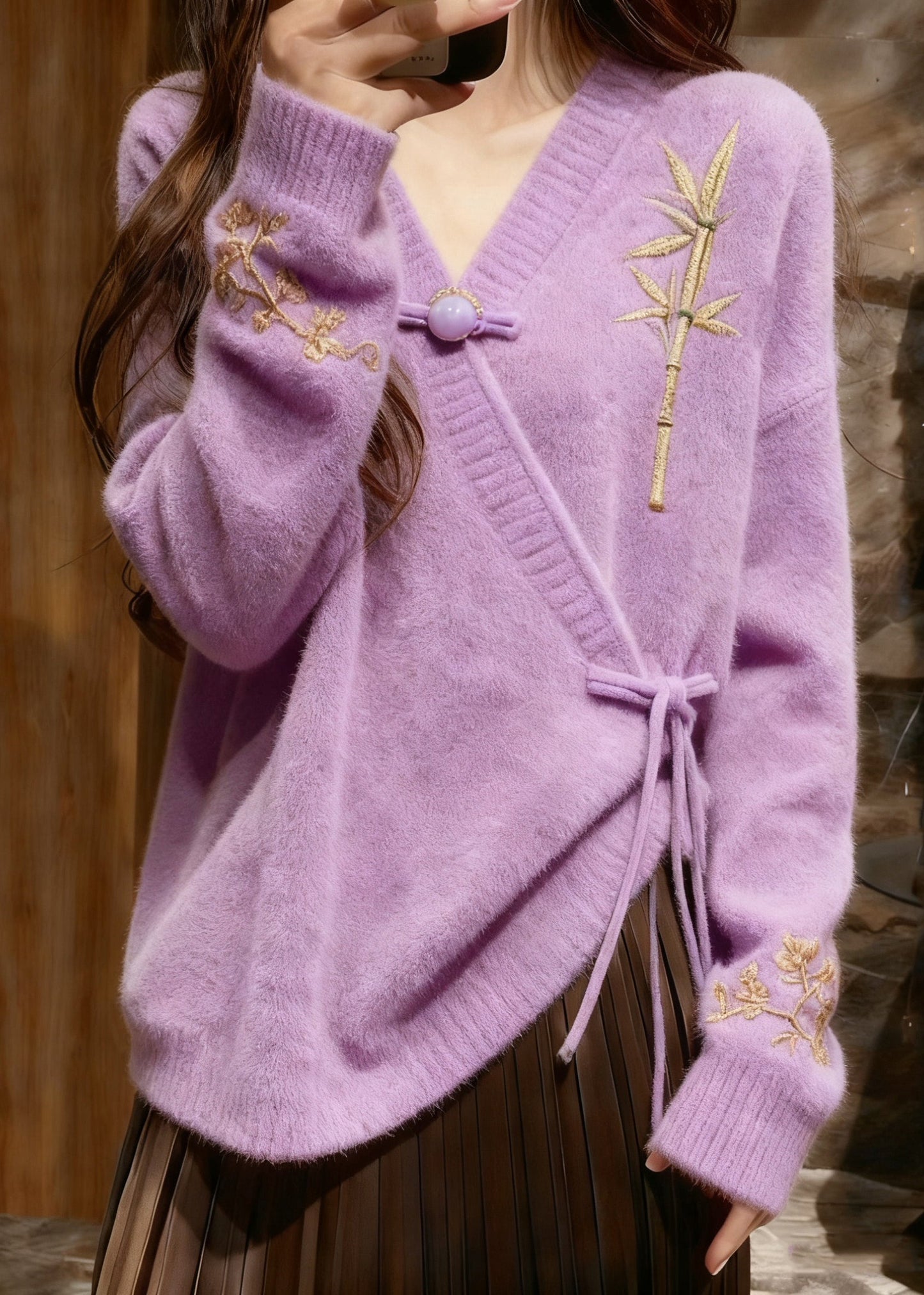 Elegant Light Purple V Neck Tie Waist Cotton Knit Sweaters Tops Fall