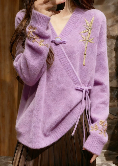 Elegant Light Purple V Neck Tie Waist Cotton Knit Sweaters Tops Fall