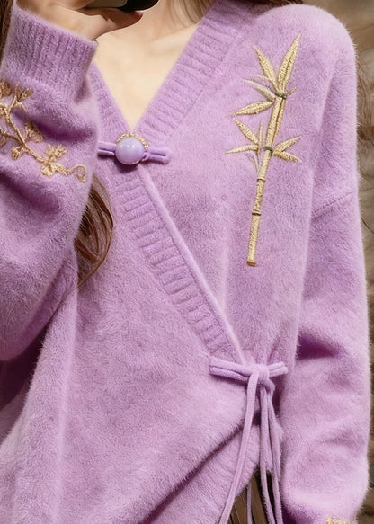 Elegant Light Purple V Neck Tie Waist Cotton Knit Sweaters Tops Fall