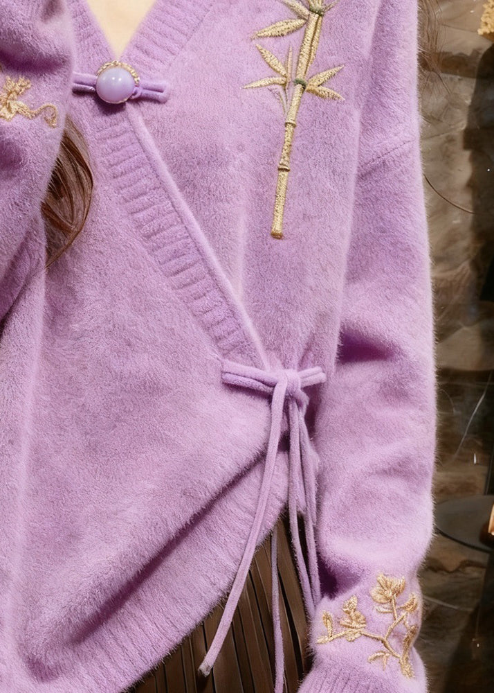 Elegant Light Purple V Neck Tie Waist Cotton Knit Sweaters Tops Fall