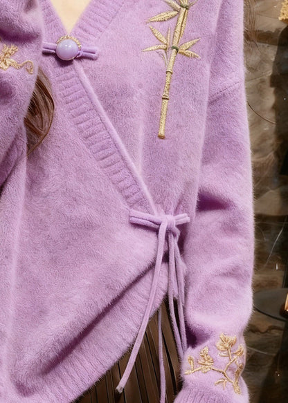 Elegant Light Purple V Neck Tie Waist Cotton Knit Sweaters Tops Fall