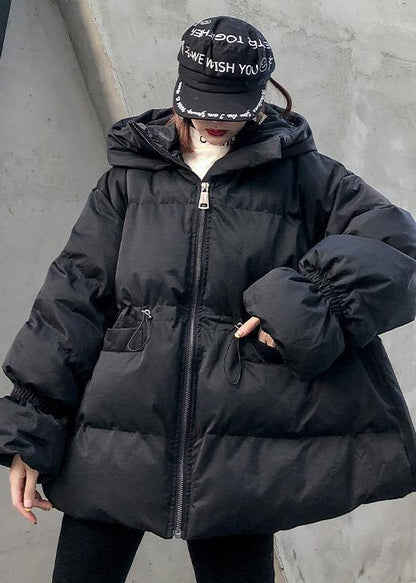 Elegant Loose fitting winter jacket drawstring coats black hooded women parka - SooLinen