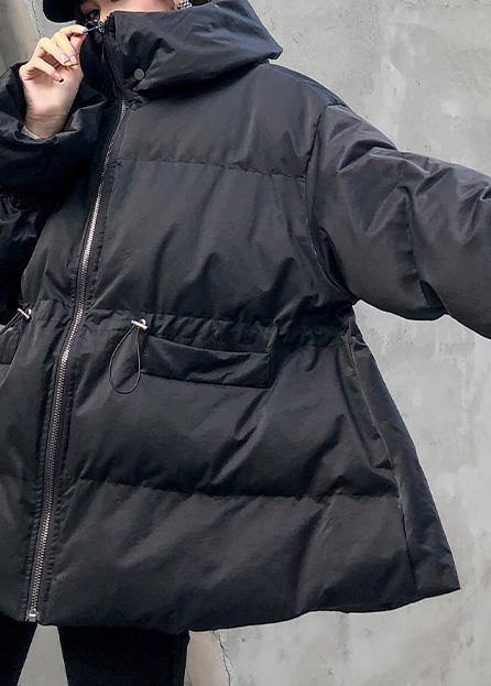Elegant Loose fitting winter jacket drawstring coats black hooded women parka - SooLinen