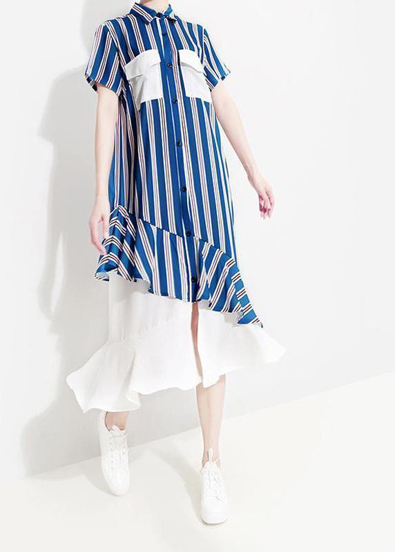 Elegant Metropolitan Museum Chiffon Ruffles Short Sleeve Striped Dress - SooLinen