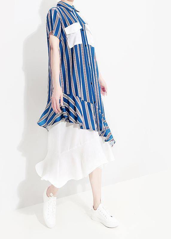 Elegant Metropolitan Museum Chiffon Ruffles Short Sleeve Striped Dress - SooLinen