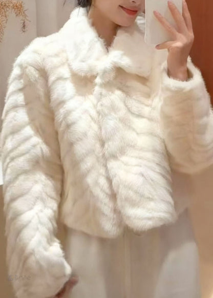 Elegant Milk White Peter Pan Collar Solid Mink Hair Coats Winter