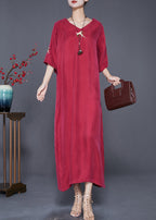 Elegant Mulberry Embroidered Side Open Silk Maxi Dresses Summer