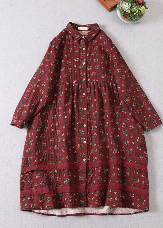 Elegant Mulberry Print Button Cotton Holiday Dress Spring
