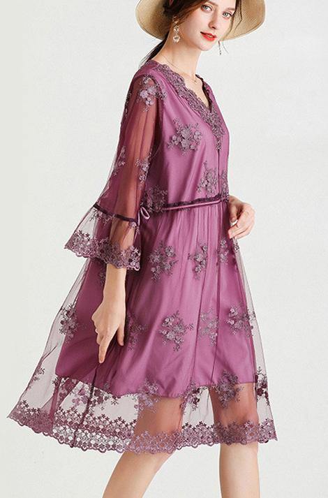 Elegant Mulberry V Neck Petal Sleeve Mini Summer Lace Dress - SooLinen