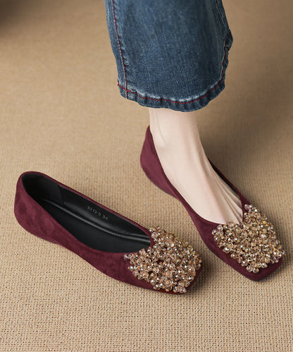 Elegant Mulberry Zircon Splicing Flats Square Toe