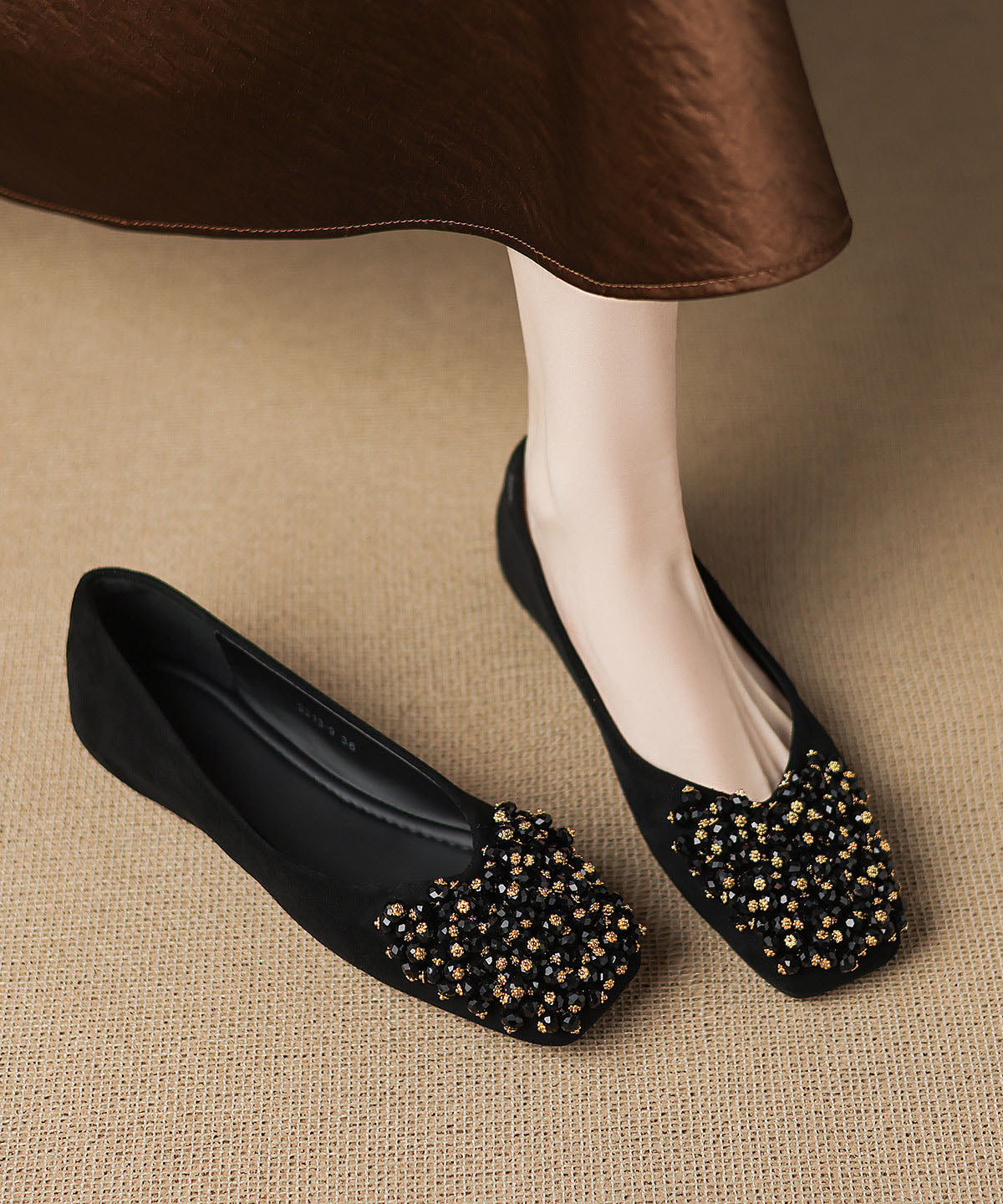 Elegant Mulberry Zircon Splicing Flats Square Toe