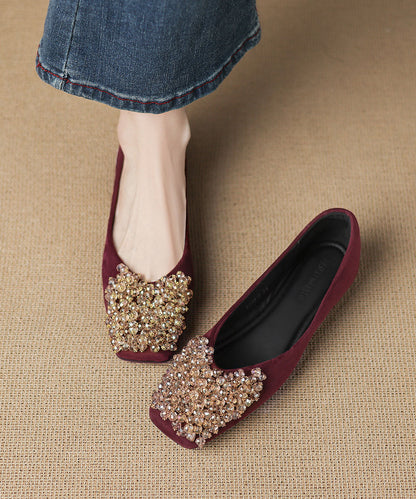 Elegant Mulberry Zircon Splicing Flats Square Toe