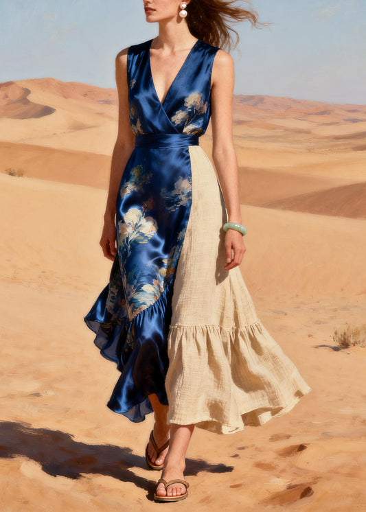 Elegant Navy Asymmetrical Patchwork Linen Silk Party Dresses Summer