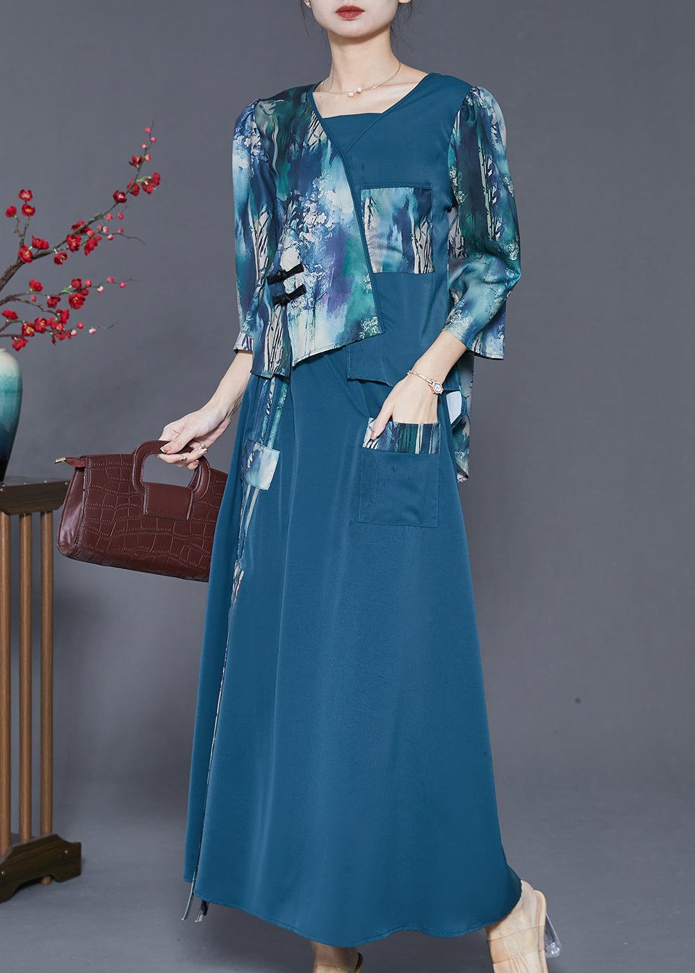 Elegant Navy Asymmetrical Patchwork Silk Oriental Dresses Two Piece Set Spring