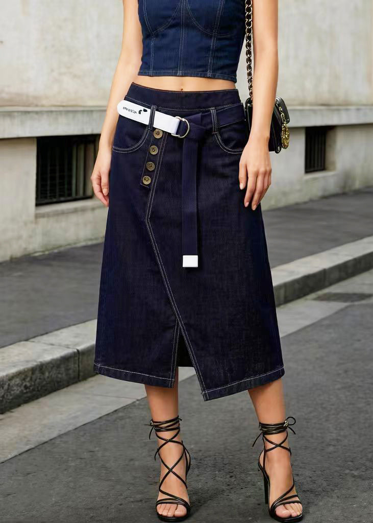 Elegant Navy Asymmetrical Side Open Denim Skirt Summer
