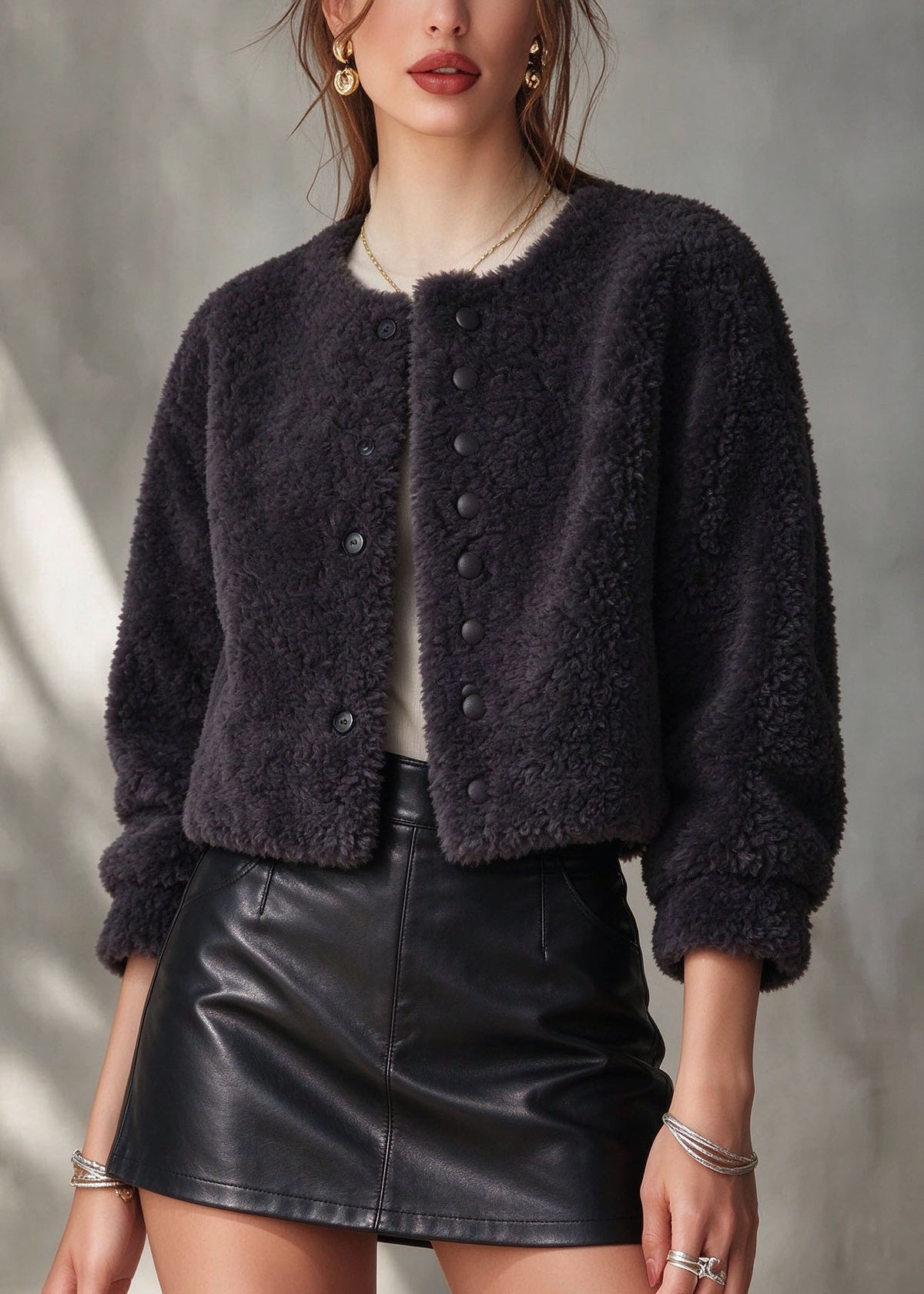 Elegant Navy Button Solid Faux Fur Coat Winter