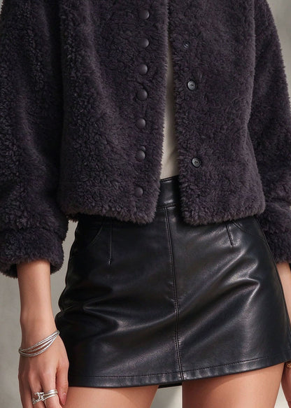 Elegant Navy Button Solid Faux Fur Coat Winter