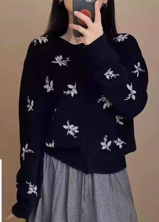 Elegant Navy Embroidered Button Knit Coat Fall