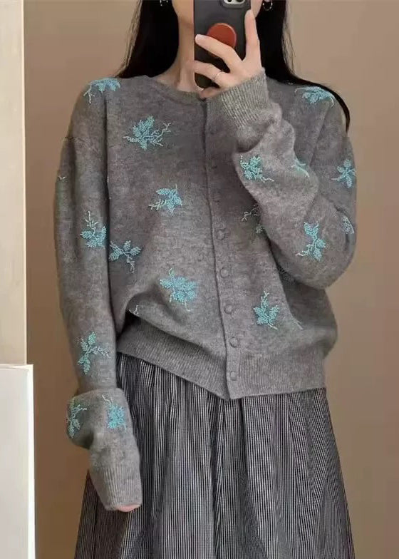 Elegant Navy Embroidered Button Knit Coat Fall