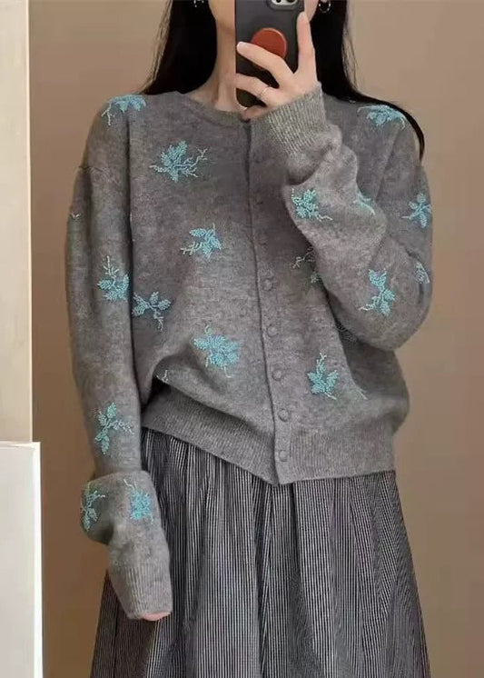 Elegant Navy Embroidered Button Knit Coat Fall