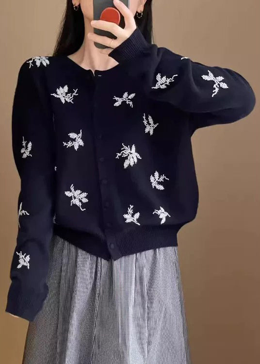 Elegant Navy Embroidered Button Knit Coat Fall