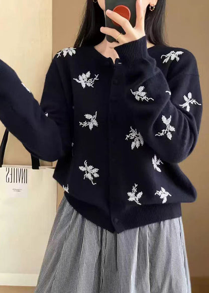 Elegant Navy Embroidered Button Knit Coat Fall