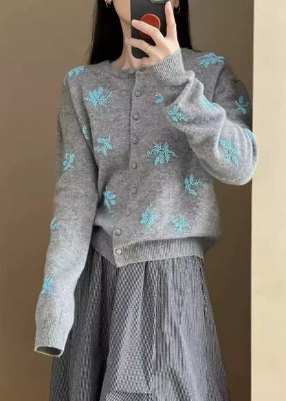 Elegant Navy Embroidered Button Knit Coat Fall