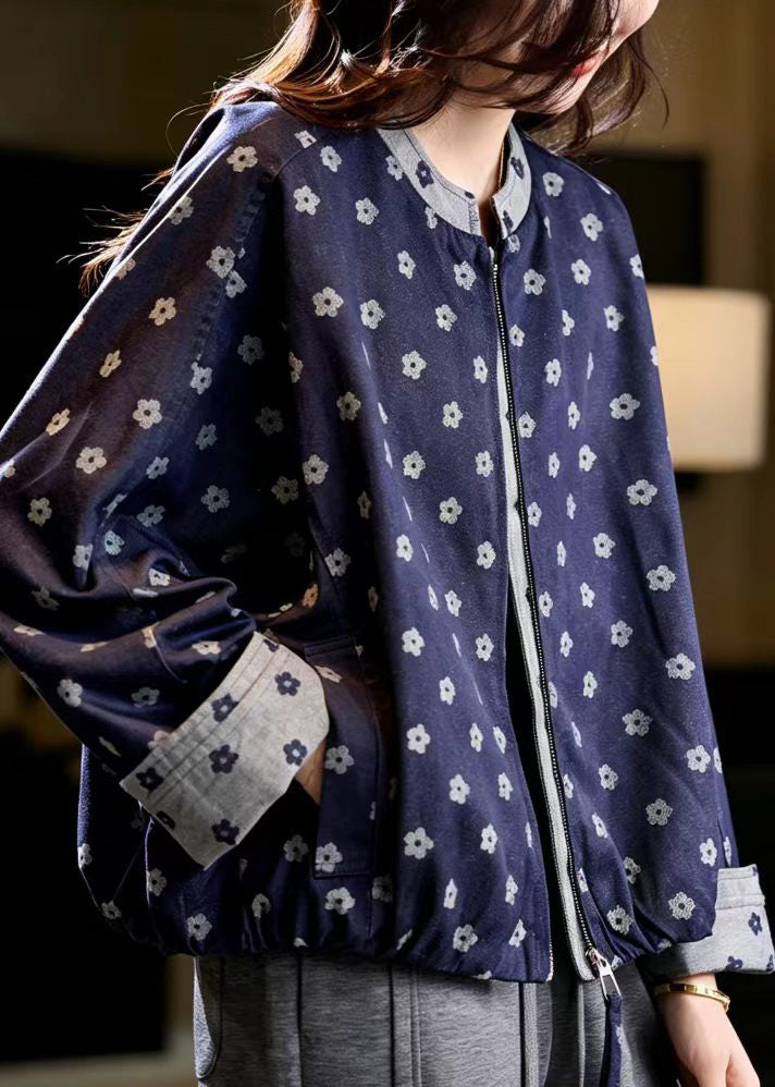 Elegant Navy Jacquard Denim Jacket Batwing Sleeve