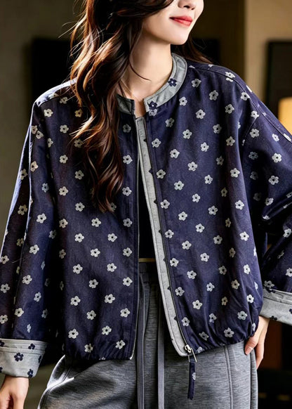 Elegant Navy Jacquard Denim Jacket Batwing Sleeve