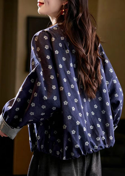 Elegant Navy Jacquard Denim Jacket Batwing Sleeve