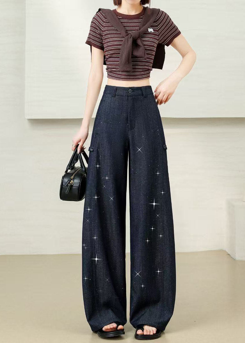 Elegant Navy Oversized Star Sequins Cotton Pants Fall