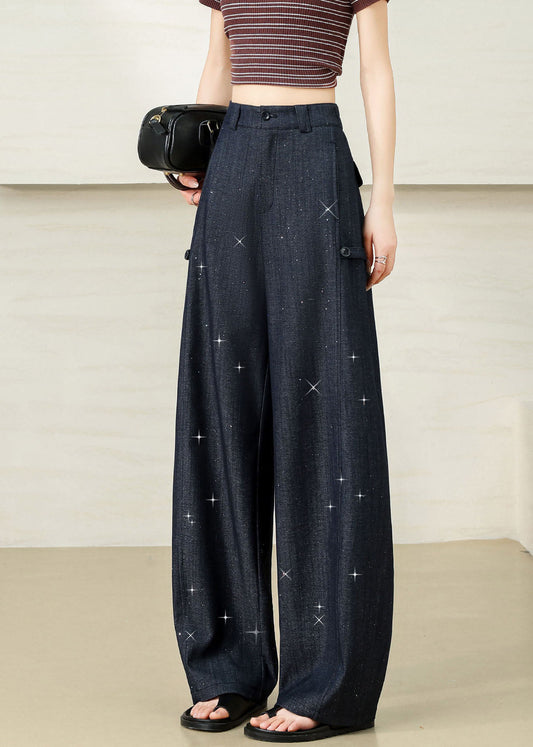 Elegant Navy Oversized Star Sequins Cotton Pants Fall