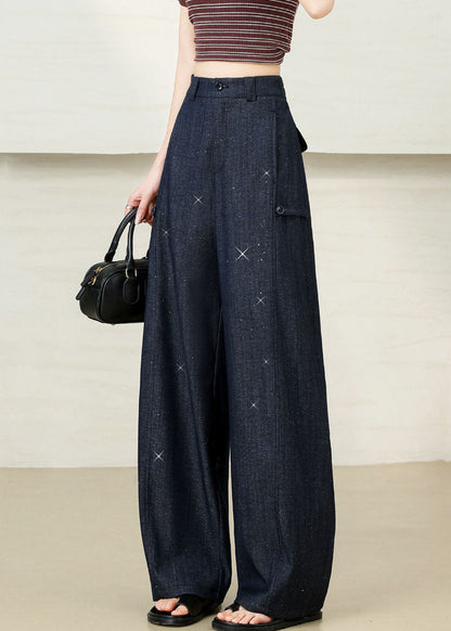Elegant Navy Oversized Star Sequins Cotton Pants Fall
